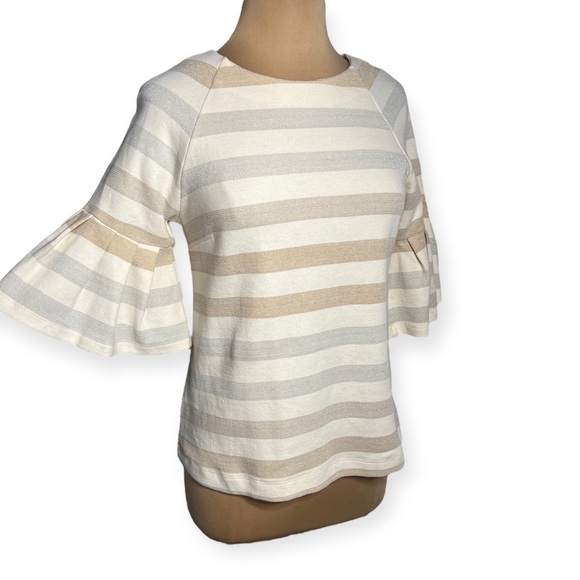 Anthropologie Maeve size M cream Striped Ruffled-Sleeve Helsa Top - Picture 4 of 12
